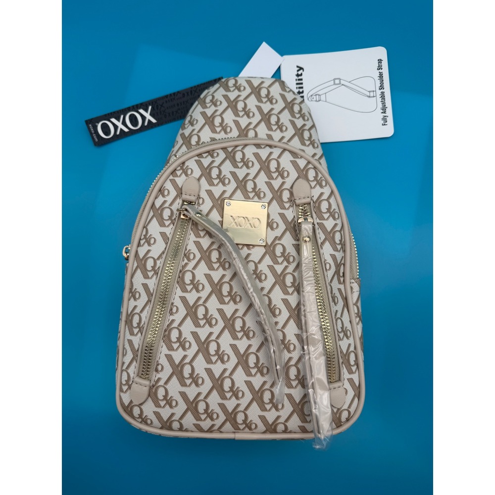 XOXO Mini Backpack Sling Bag Womens OS Beige NWT Monogram Logo Vegan Leather